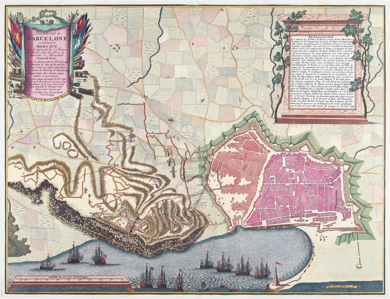 Kort over belejringen af Barcelona i april 1706 (farvelitografi) af English School