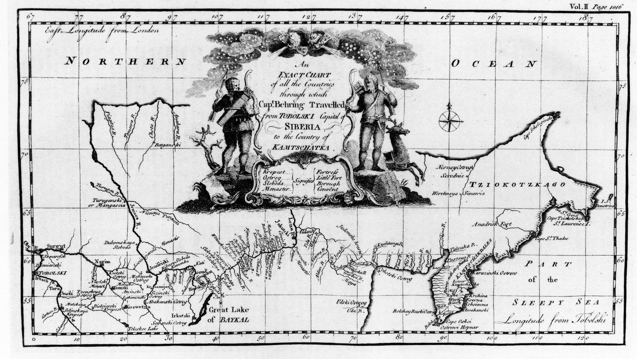 Kort over ruten taget af Vitus Bering (1681-1741) over Sibirien til Kamchatka, fra Navigantium atque Itinerantium Bibliotheca udgivet 1744 af English School