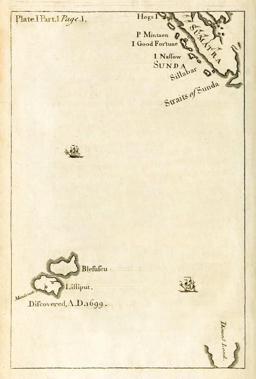 Kort, der viser placeringen af Lilliput fra første udgave af Travels into Several Remote Nations of the World bedre kendt som Gullivers Travels af Jonathan Swift af English School