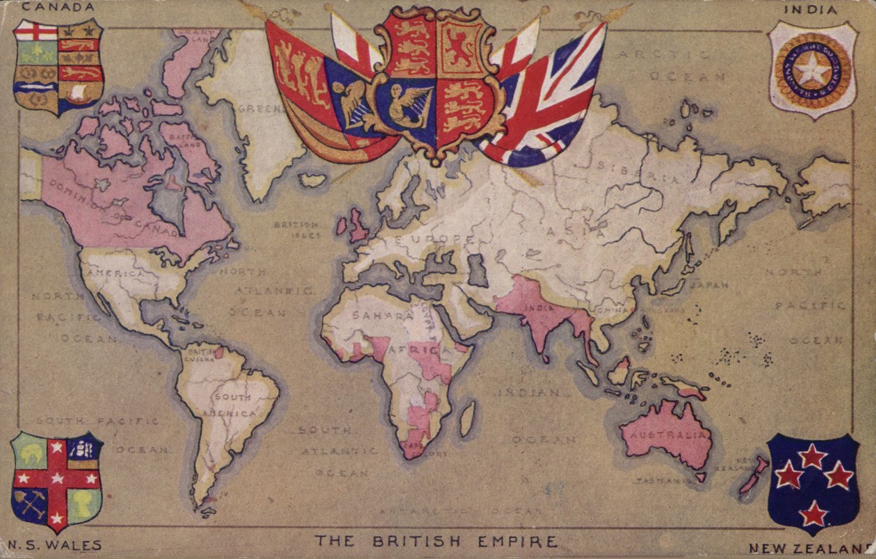 Kort over det britiske imperium med flag og våbenskjolde (farvelitografi) af English School