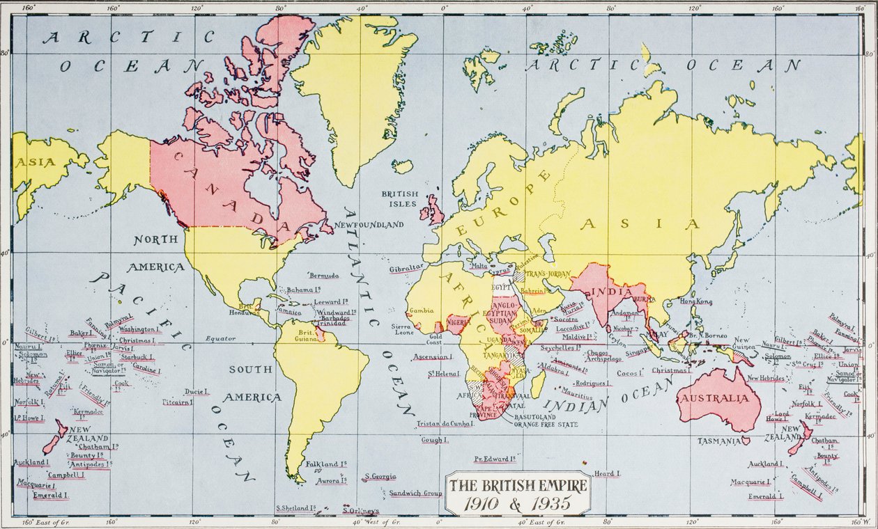 Kort, der viser kongens imperium, i rødt, i 1910 og 1935, fra 