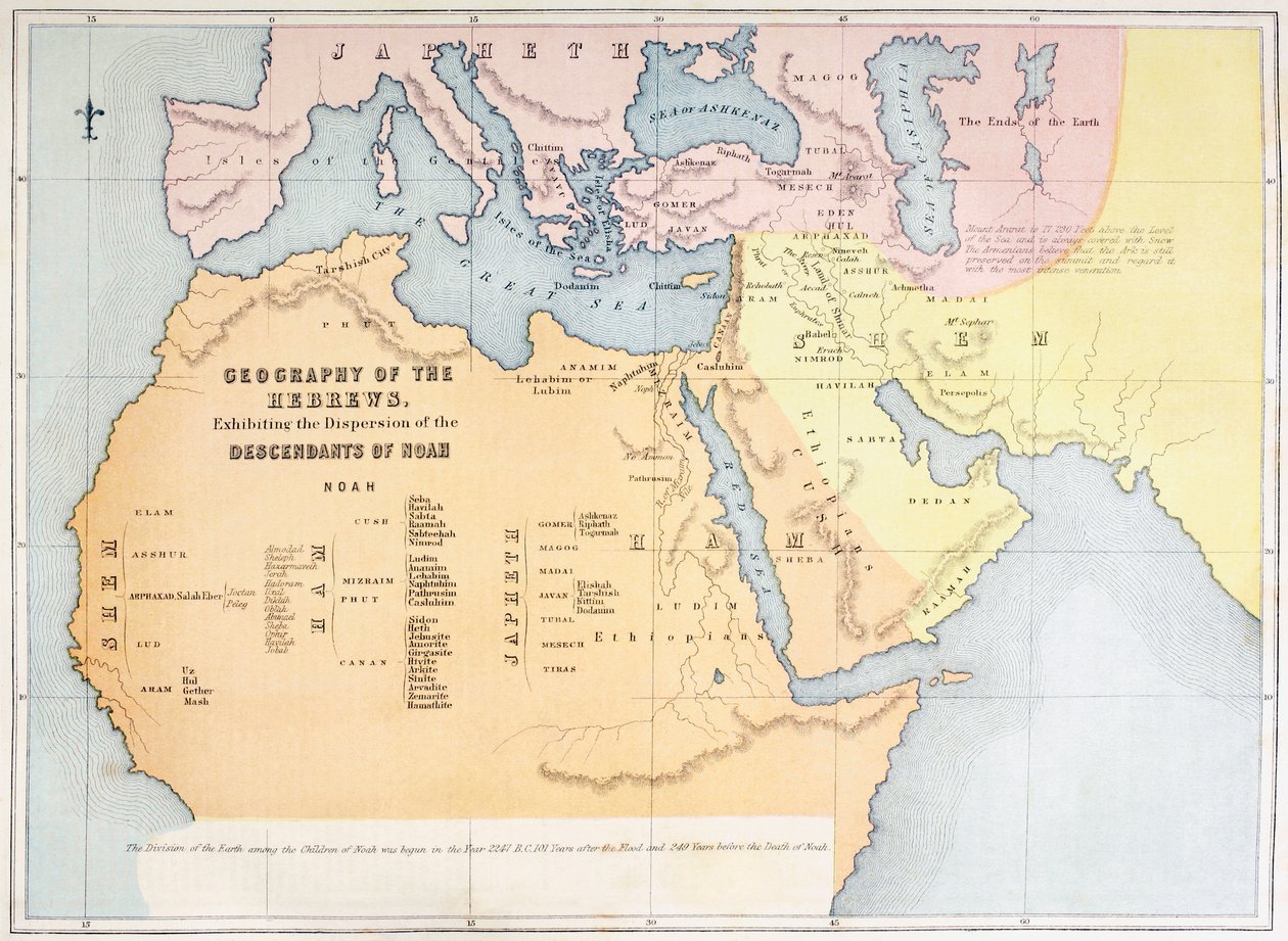 Kort, der viser hebræernes geografi og viser spredningen af Noas efterkommere af English School