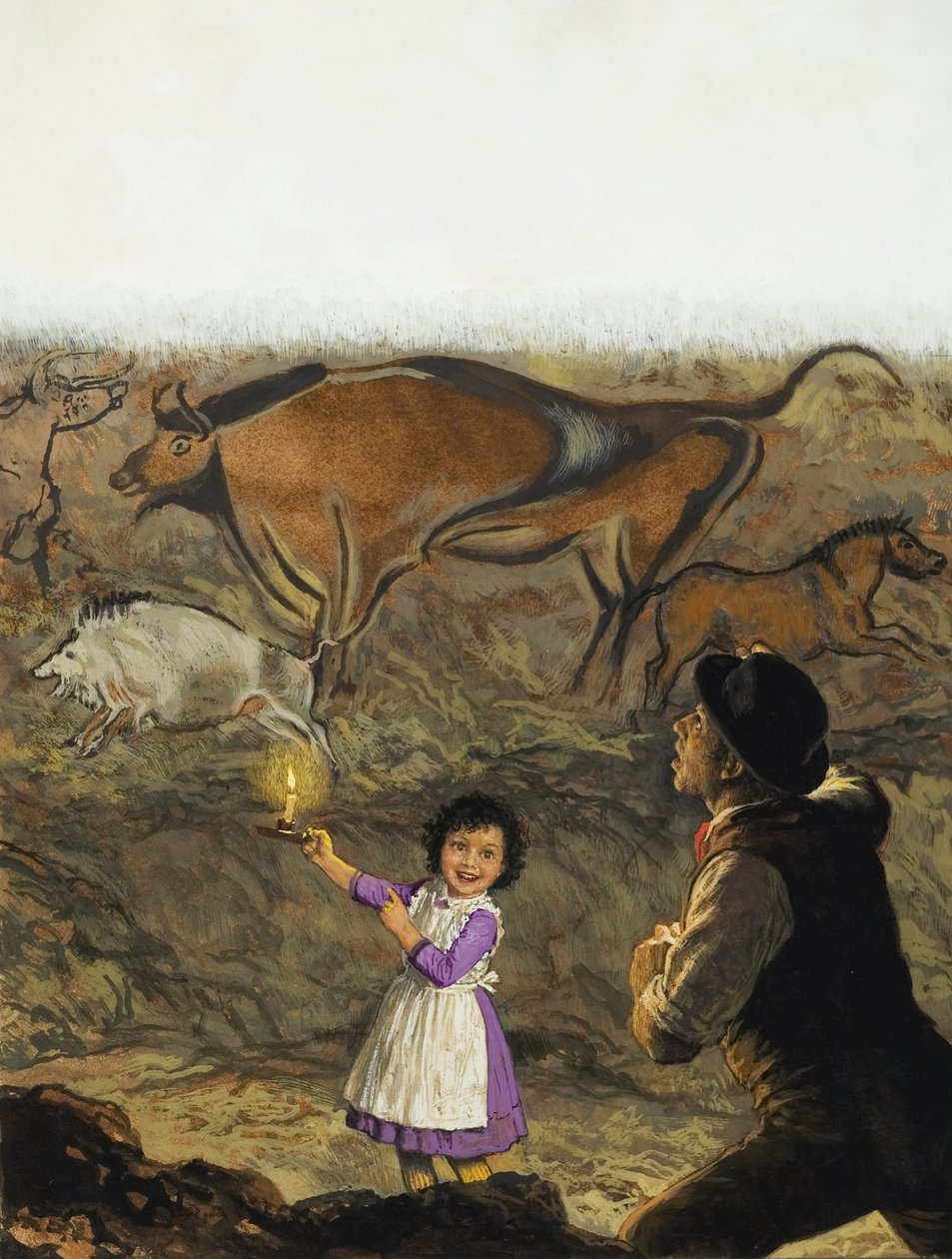 Marcelino Sanz de Sautuola (1831-88) og hans datter Maria opdager hulemalerierne i Altamira (gouache på papir) af English School