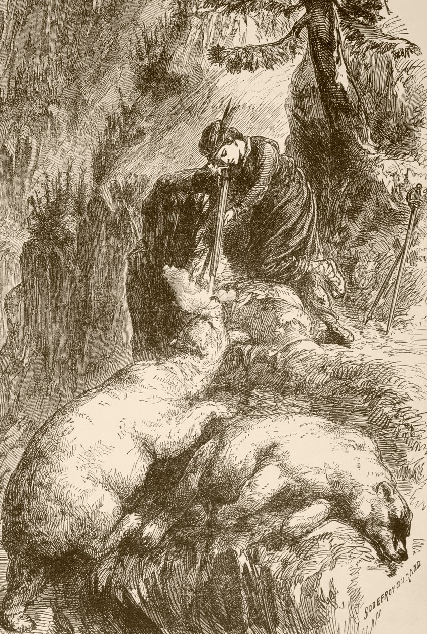 Marguerite de Roberval skyder to bjørne på Isle of Demons ud for Newfoundland (litho) af English School