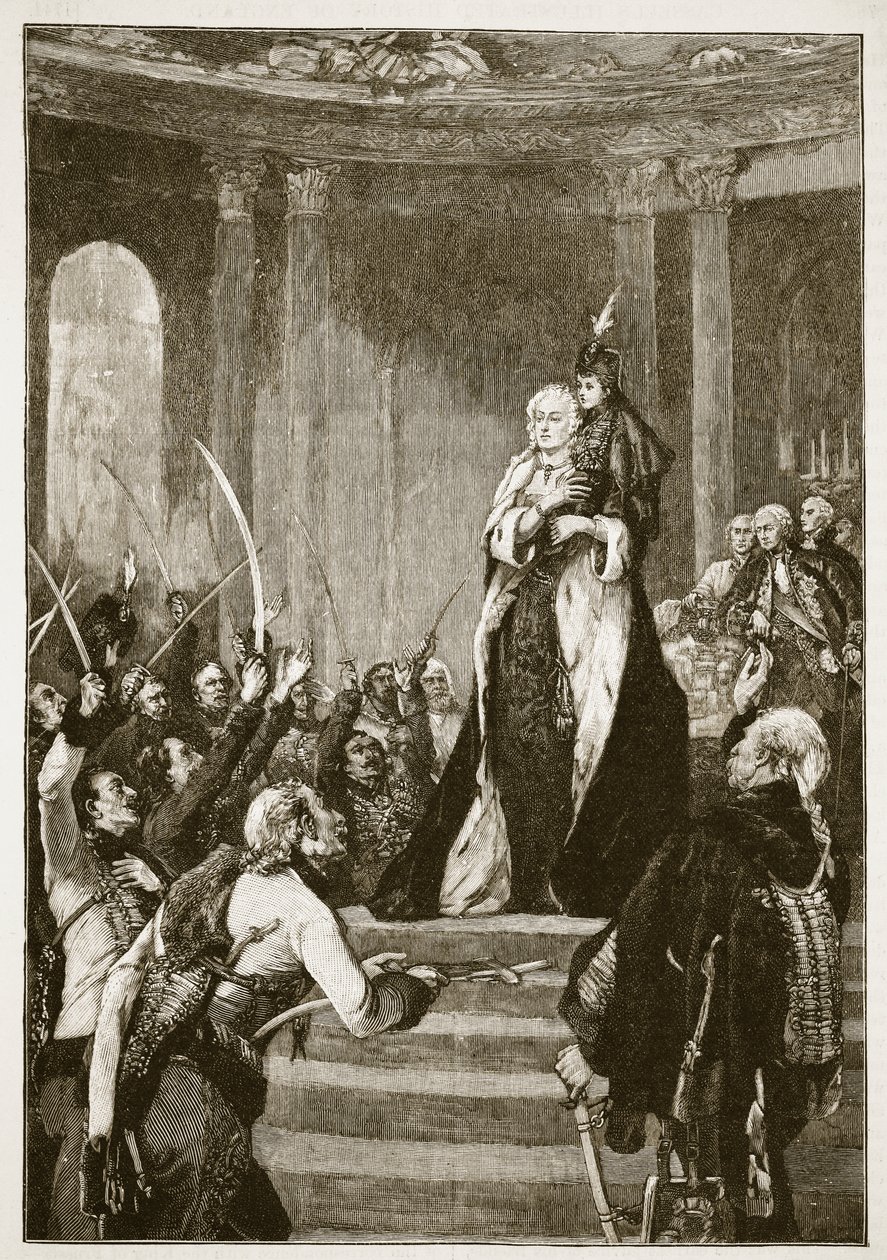 Maria Theresa og det ungarske parlament, illustration fra Cassells Illustrated History of England (sepiafoto) af English School