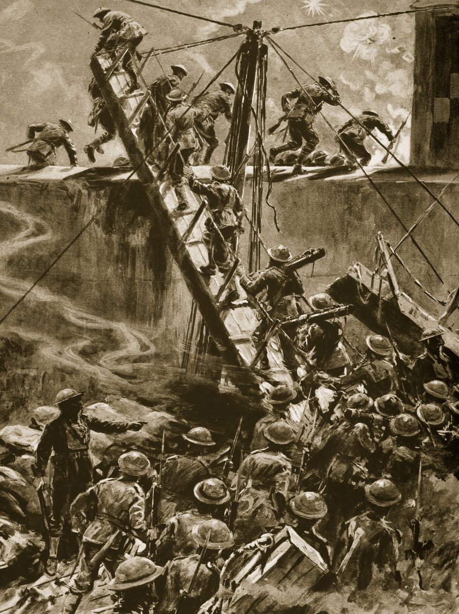 Marinesoldater og blåjakker dukker op i landgangene fra H.M.S Vindictive, 1914-19 af English School