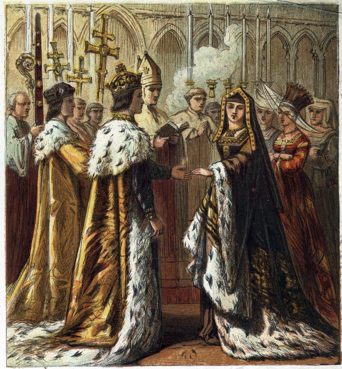 Ægteskab mellem Henrik VII, konge af England (1457-1509) med Elizabeth af York (1466-1503) den 18. januar 1486. Ægteskab med Henry Seventh og Elizabeth af York. kromolitografi i "" Pictures of English History"" udgivet af George Routledge & Sons.1890. Priv af English School