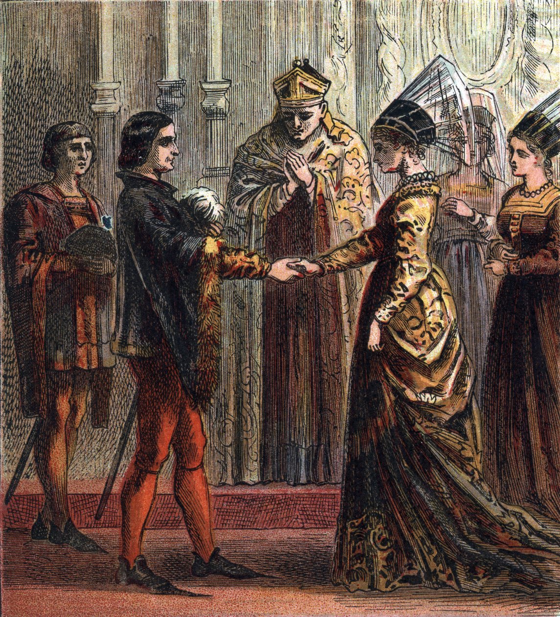 Ægteskab mellem kong Henry V af England (1387-1422) med Catherine de Valois (1401-1437) i 1420. "Marriage of Henry V," 1420. Henry giftede sig med Catherine, datter af Kongen af Frankrig. af English School