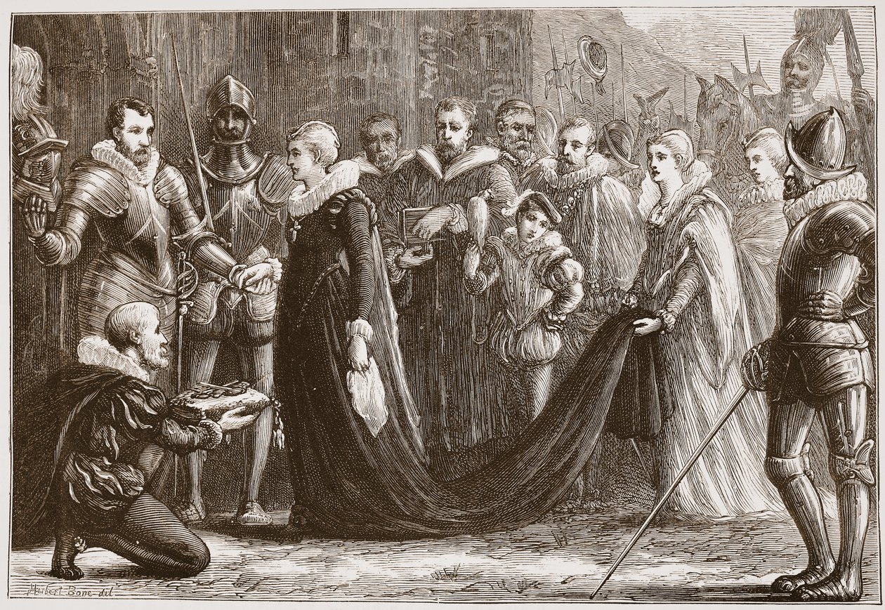Mary Queen of Scots ind i Holyrood, illustration fra The History of Protestantism af James Aitken Wylie (1808-1890), pub. 1878 af English School