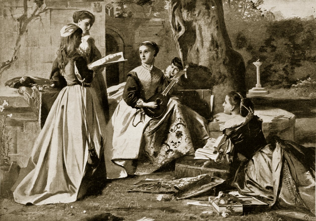 Mary Queen of Scots i en klosterhave, illustration fra Hutchinsons Story of the British Nation, ca. 1923 af English School