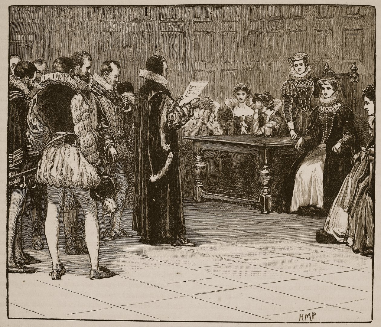 Mary Queen of Scots modtager antydning af sin undergang, illustration fra Cassells Illustrated History of England (sepia foto) af English School