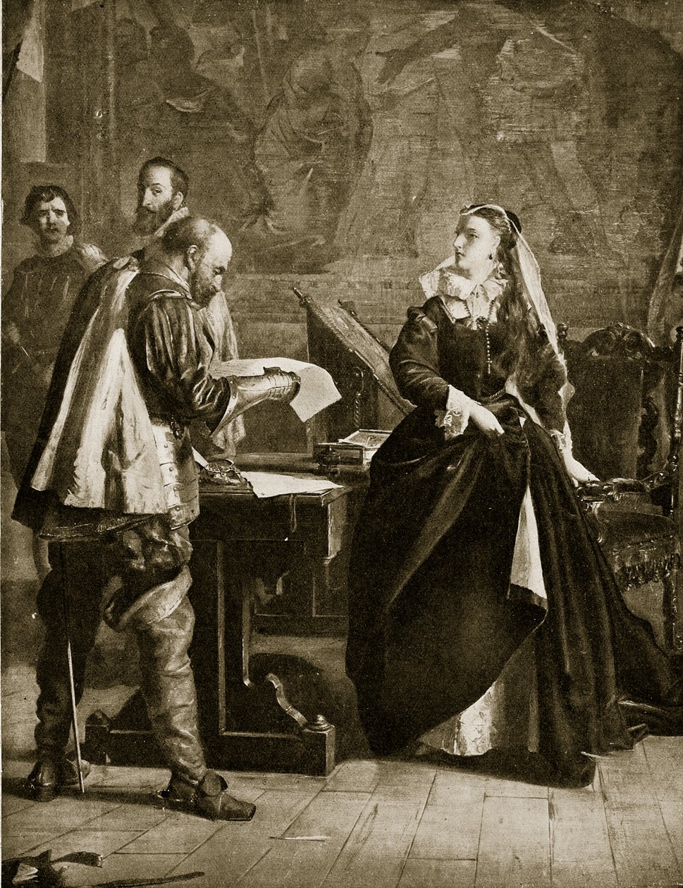 Mary Queen of Scots underskriver sin abdikation, juli 1567, illustration fra Hutchinsons Story of the British Nation, ca. 1923 af English School