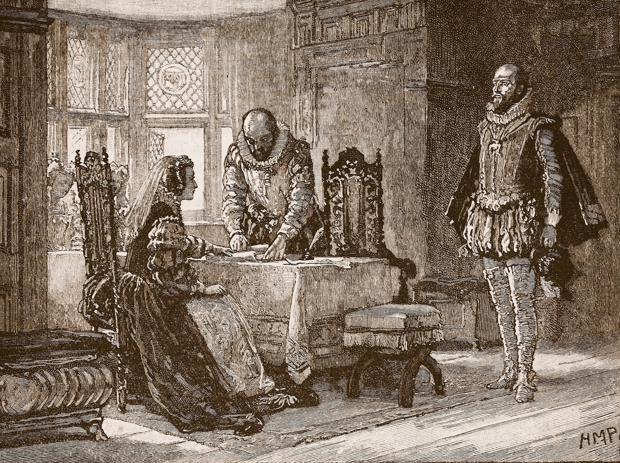 Mary underskriver abdikationsakten i Lochleven Castle, illustration fra Cassells Illustrated History of England (sepiafoto) af English School