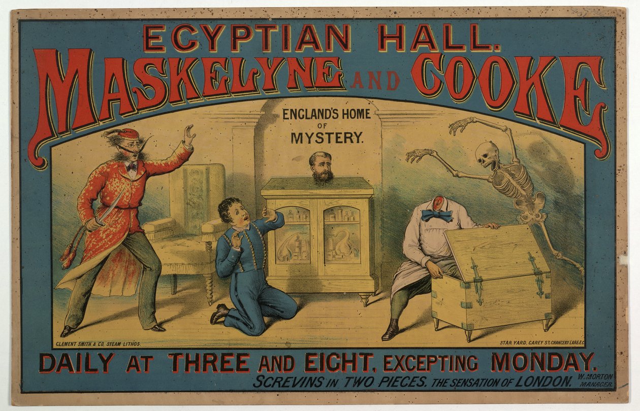 Maskelyne & Cooke i Egyptian Hall ca. 1880 (farve litho) af English School