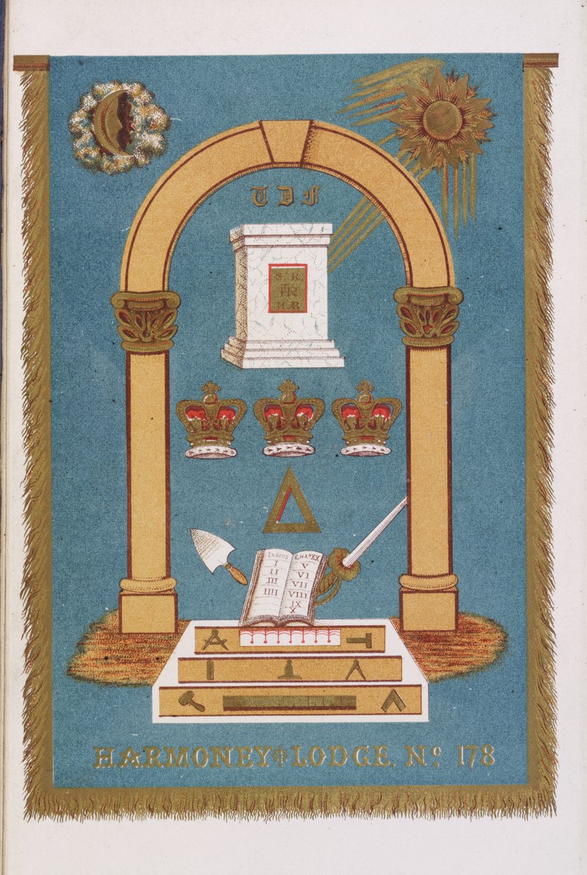 Frimurerlogens emblem, der viser søjler og forskellige symboler af English School