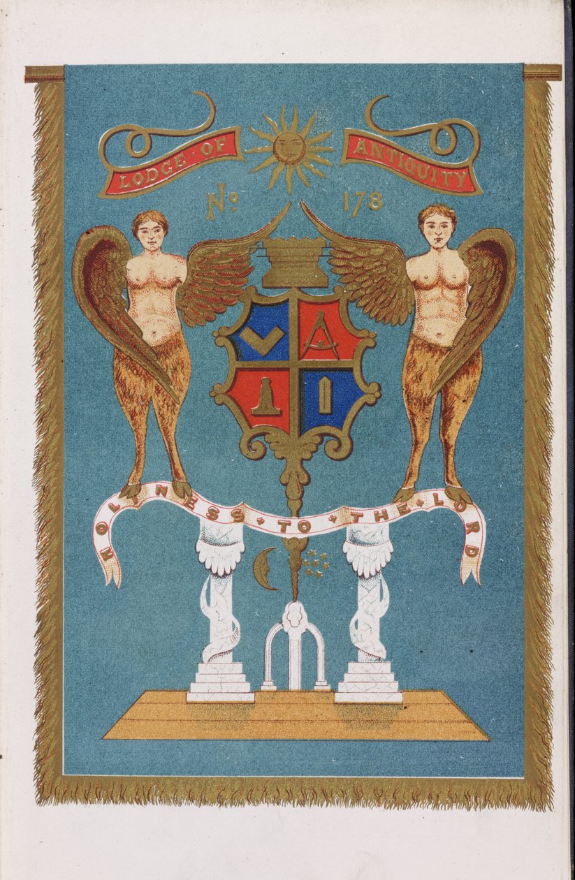 Frimurerloge-emblem, der viser våbenskjold med engle af English School