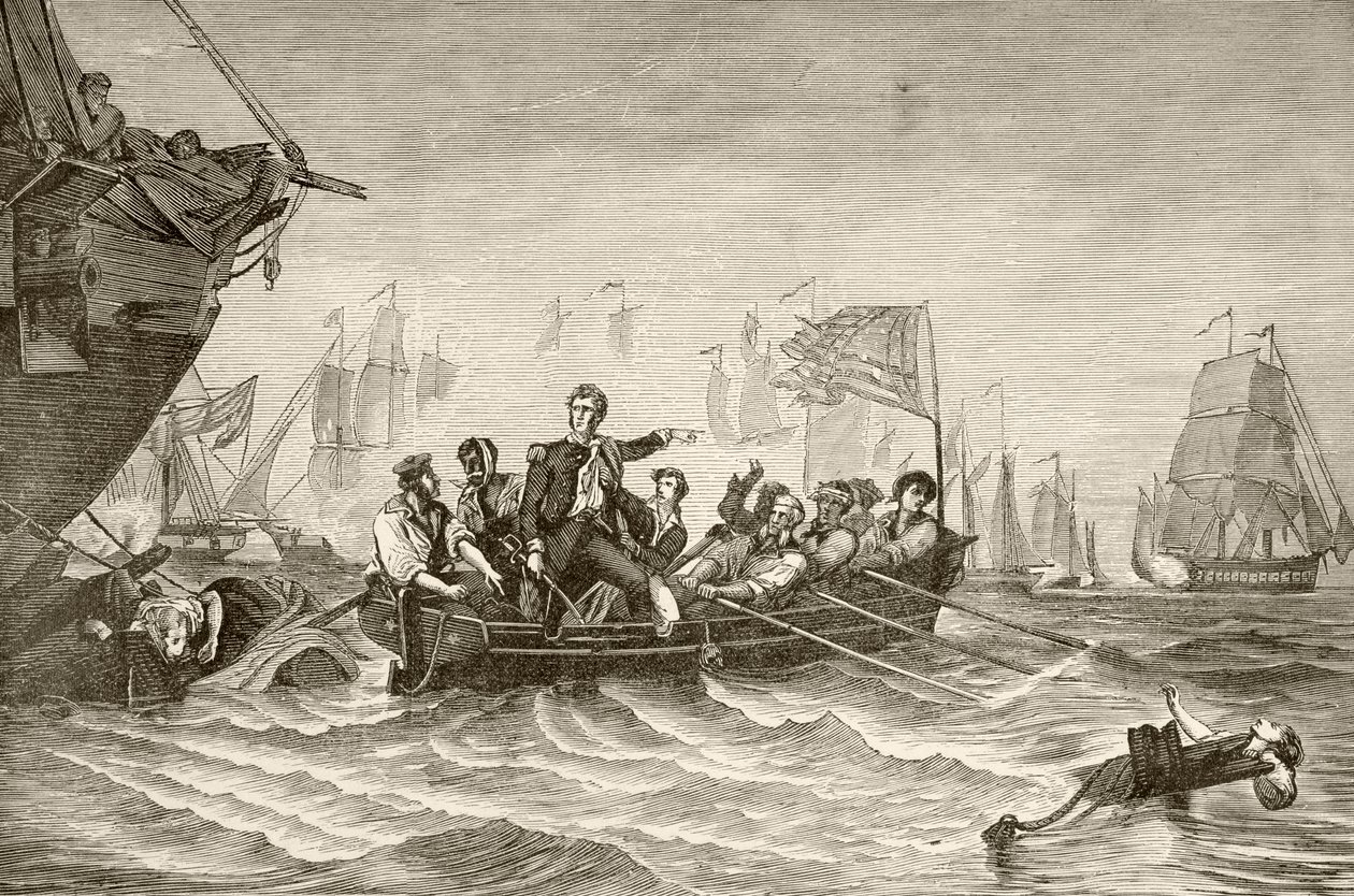 Mesterkommandant Oliver Hazard Perry overgår fra US Brig Lawrence til US Brig Niagra under slaget ved Lake Erie (litho) af English School