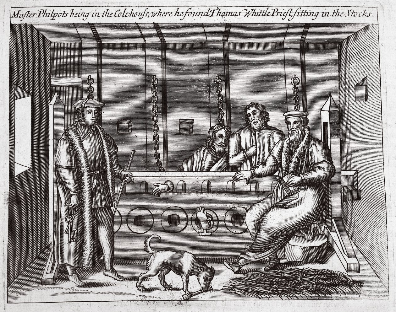 Master Philpots var i Colehouse, hvor han fandt Thomas Whittle, præst, siddende i aktierne, illustration fra Acts and Monuments af John Foxe, niende udgave, pub. 1684 af English School