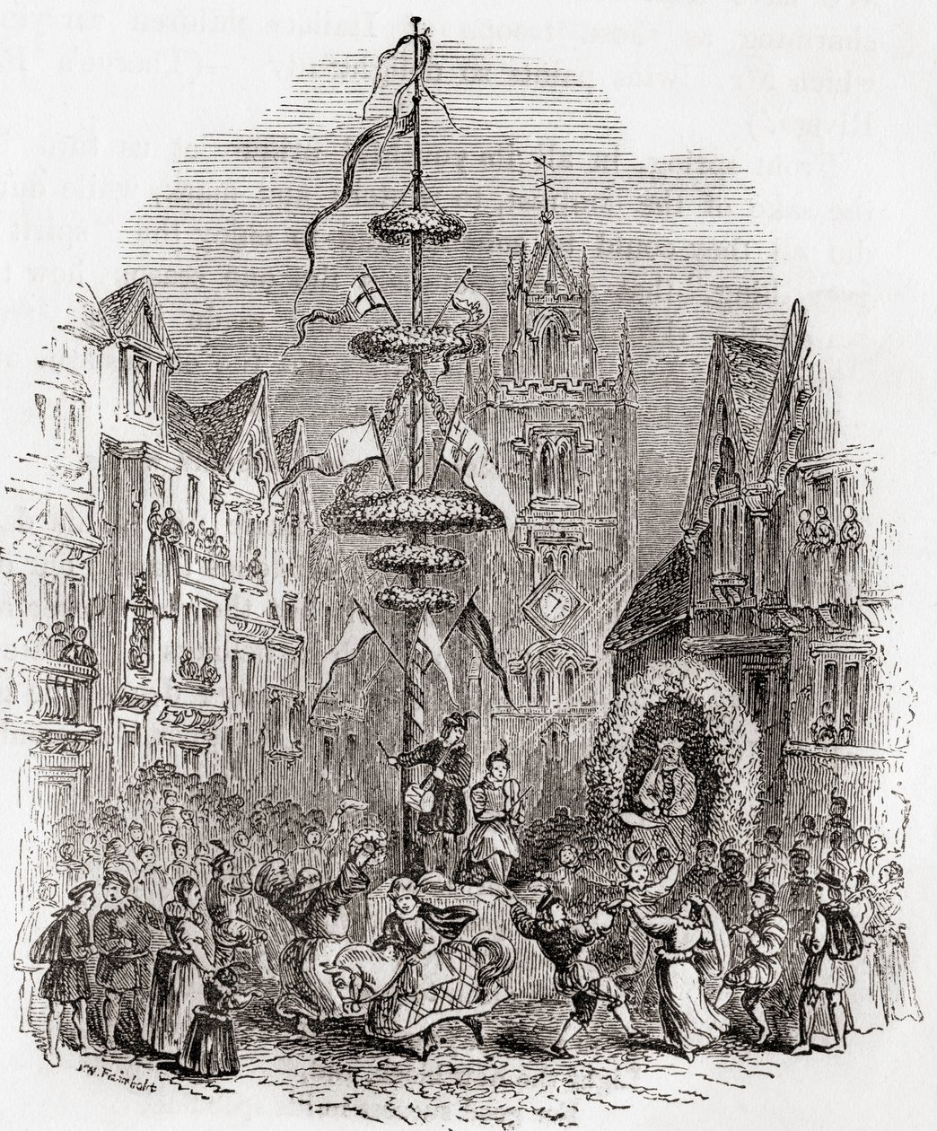 Majstangsdans foran St Andrew Undershaft Church, London, England i det 19. århundrede, fFra Old England: A Pictorial Museum, udg. 1847 af English School