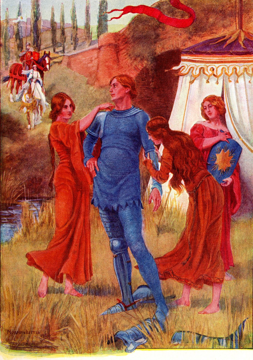 Middelalderridder, Morgenstjerne er klar til kamp. Farvet illustration fra historien om Gareth og Lynette fra bogen The Gateway to Tennyson udgivet i 1910. af English School
