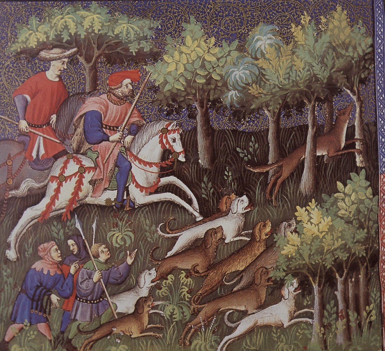 Middelalderlige aristokrater, der jager ræve (tempera på papir) af English School