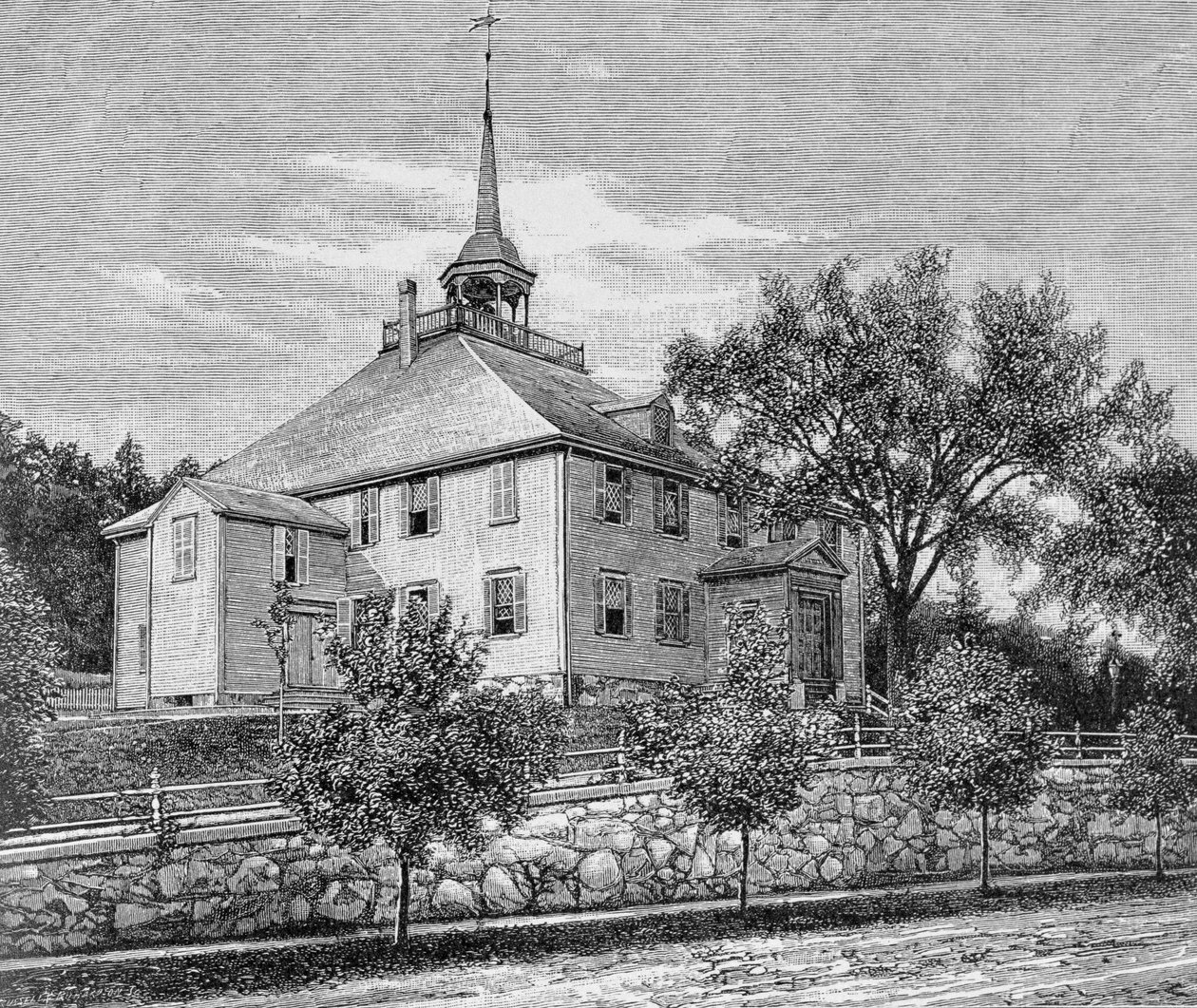 Mødehuset i Hingham, illustration fra bind III af "Narrative and Critical History of America", 1886 af English School
