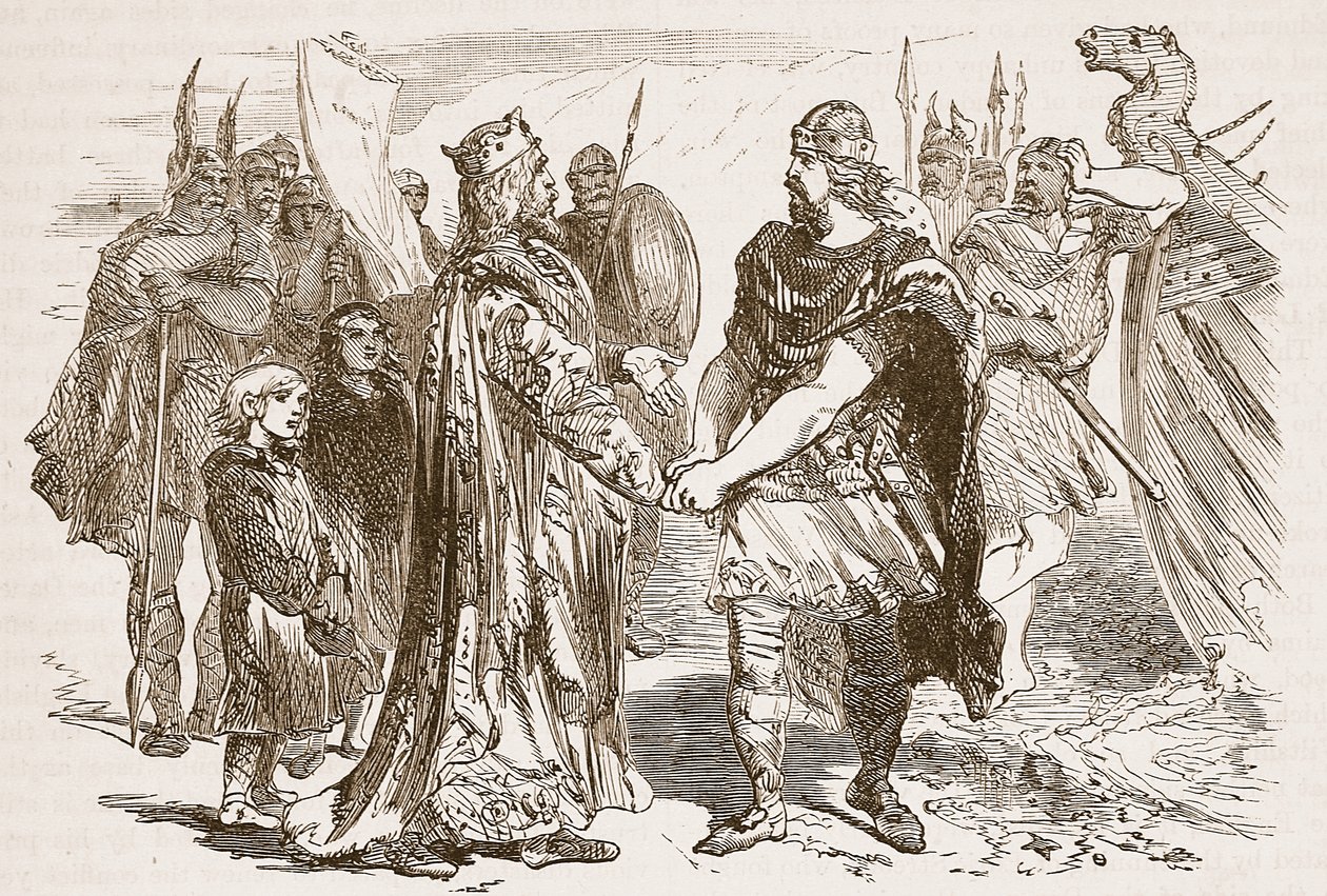 Møde mellem Edmund Ironside og Knud på Isle of Alney i Severn i 1016, illustration fra Cassells Illustrated History of England (sepiafoto) af English School