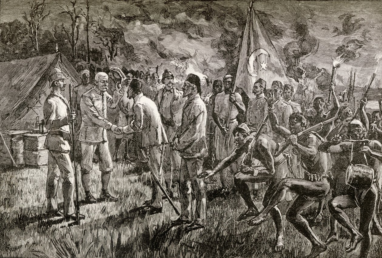 Mehmet Emin Pasha og Gaetano Casati ankommer til Sir Henry Morton Stanleys lejr ved søbredden ved Lake Albert i 1889, 1890 (trægravering) af English School