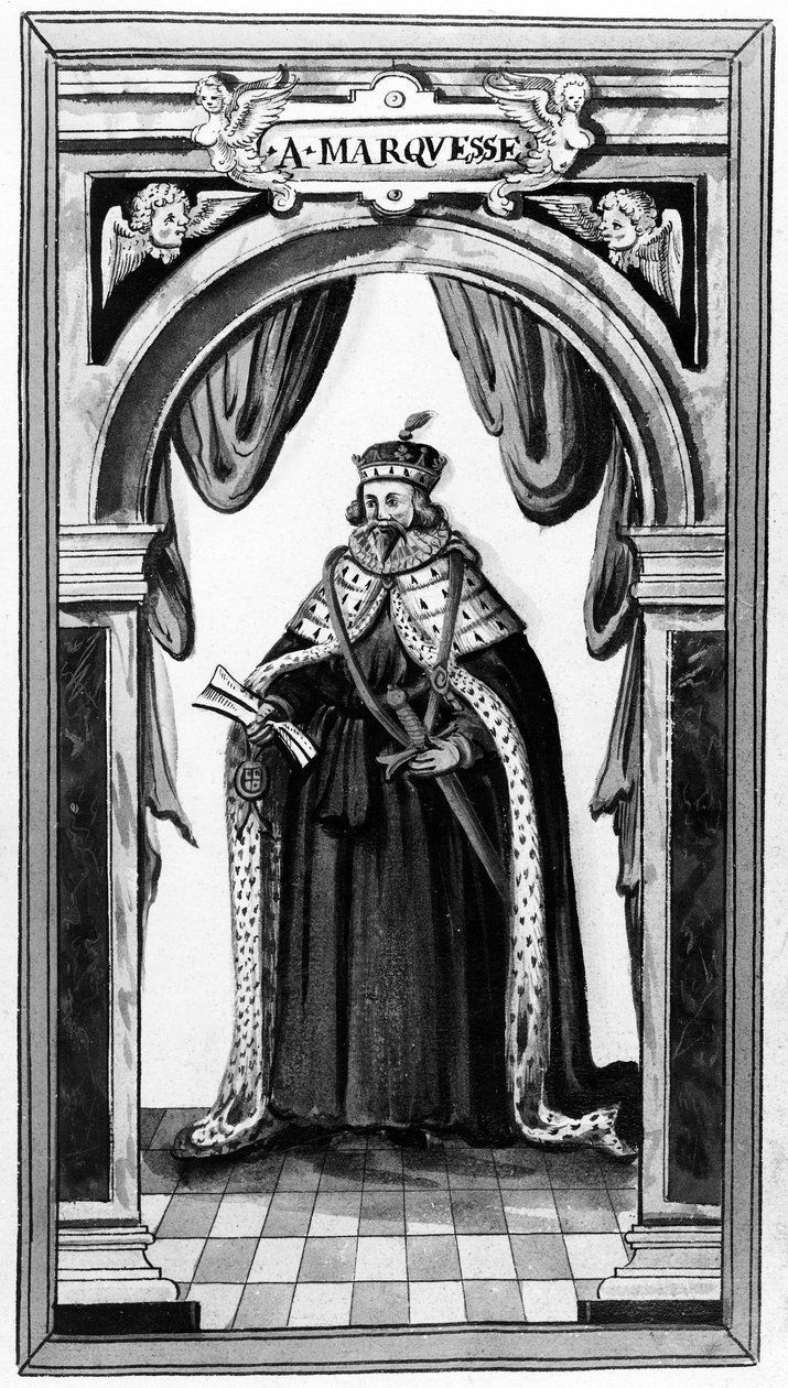 Medlem af strømpebåndsordenen og kongelig og værdifuld tjener for Charles I og II, taget fra serien Walkers Arms of Nobility af Sir Edward Walker, 17th Century (mezzotint) af English School