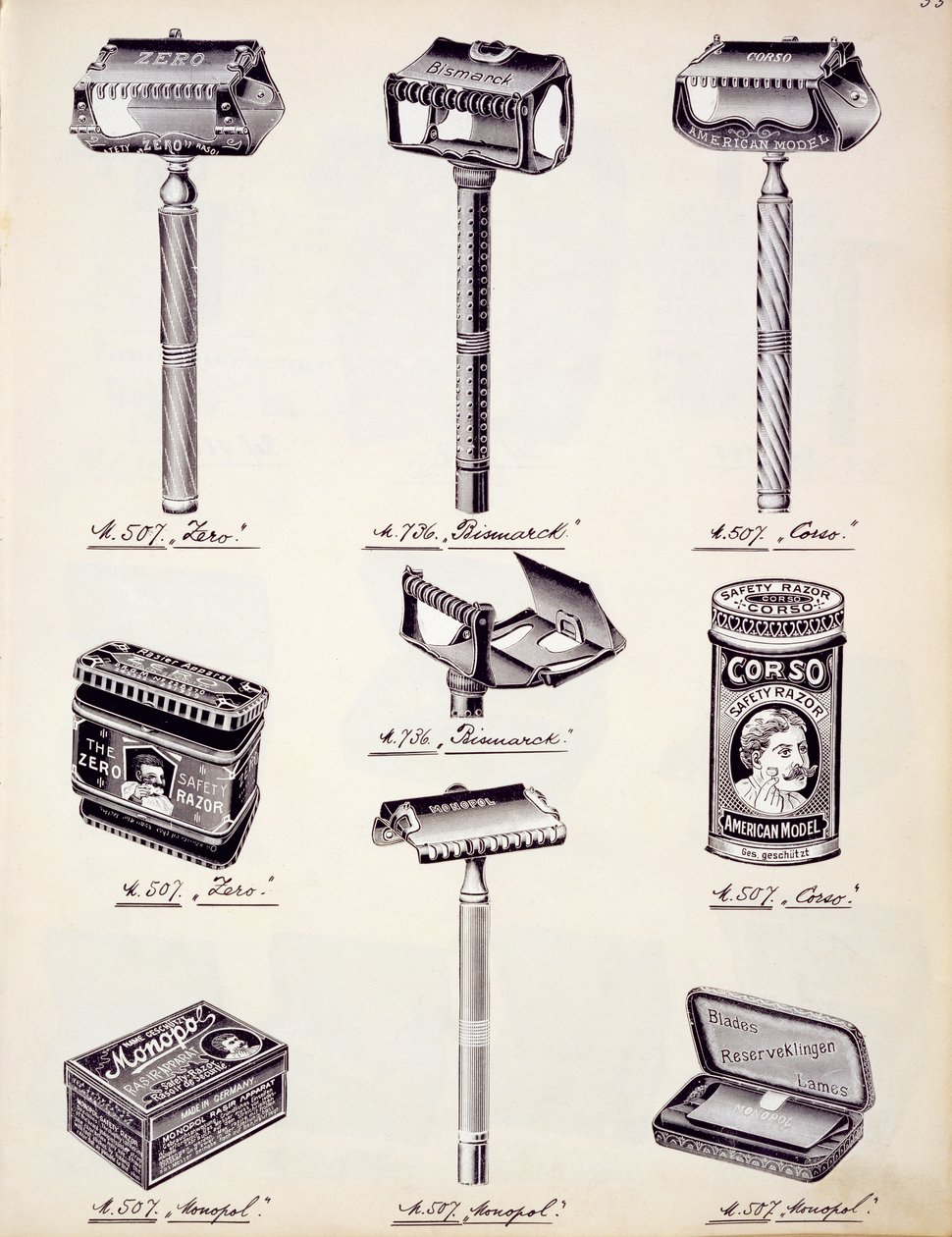Barberudstyr til mænd, fra et handelskatalog over husholdningsvarer og tilbehør, ca. 1890-1910 af English School