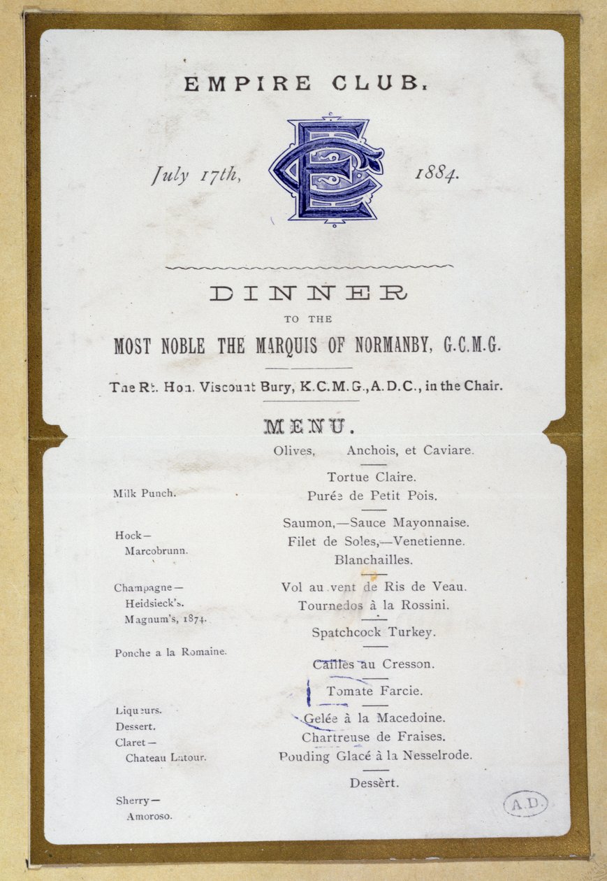 Menu fra Empire Club, 17. marts 1884 af English School