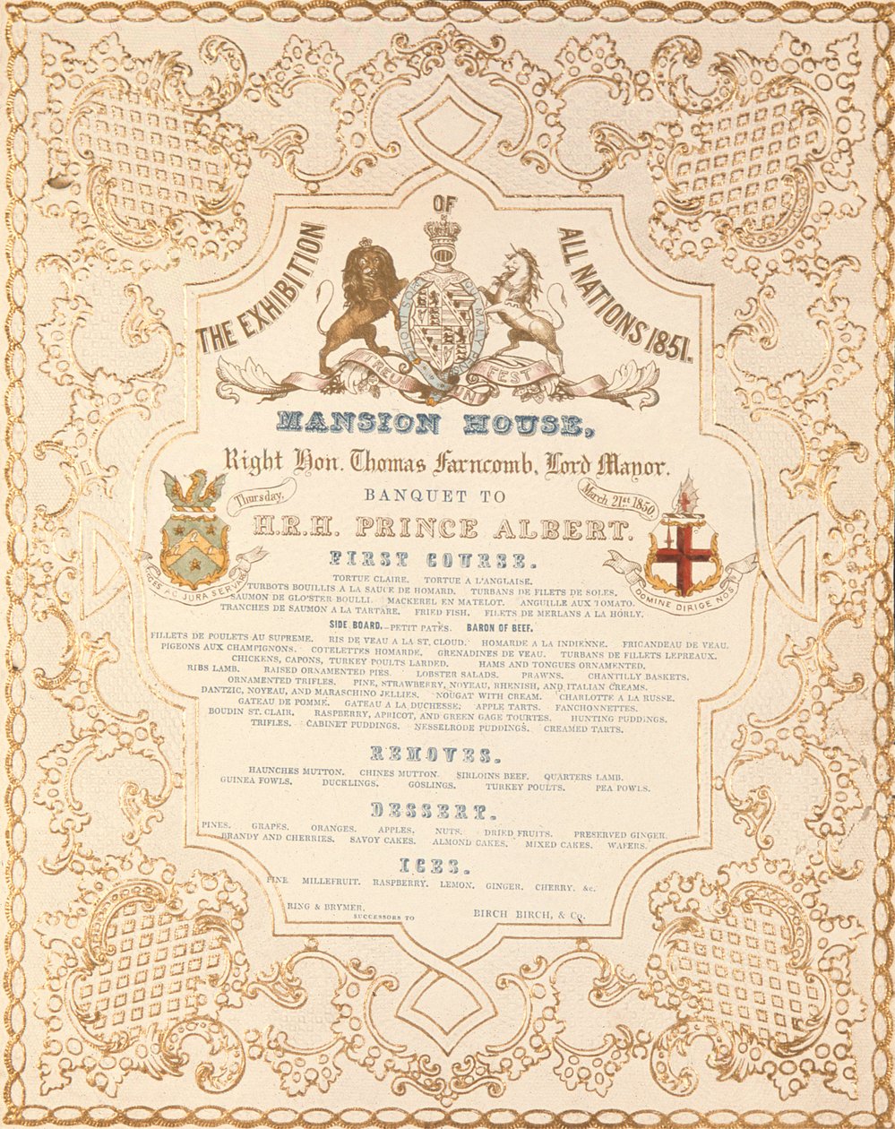 Menu med banket for Prins Albert i Mansion House for at markere den store udstilling af alle nationer, London, 1851 af English School