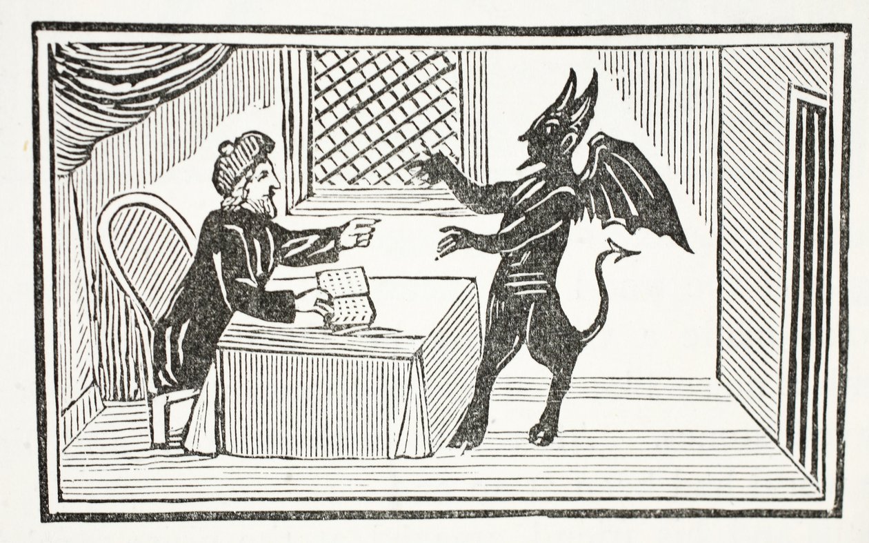 Mephistopheles kommer til Doctors house, illustration fra Chap-books of the Eighteenth Century af John Ashton, pub. 1882 af English School
