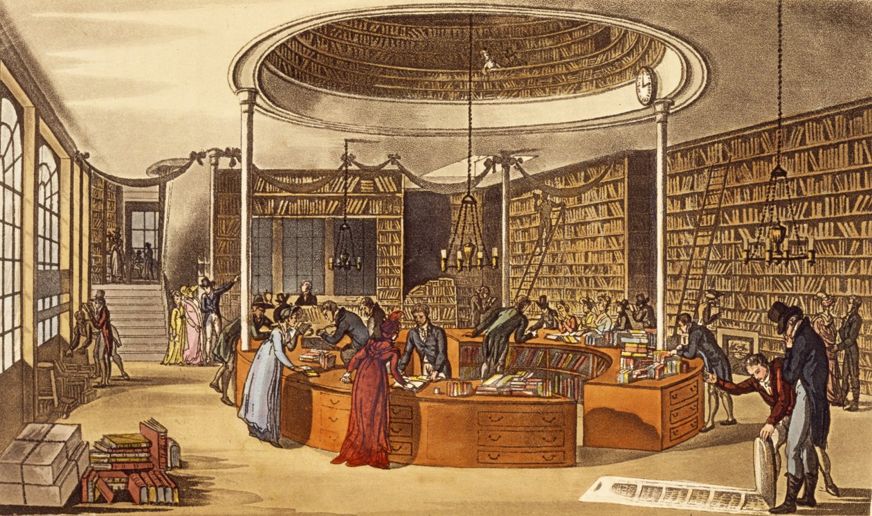 Mrs Lackington Allen and Co., 1809, Booksellers Temple of the Muses, Finsbury Square fra Ackermanns Repository of Arts, Literature, Commerce, Manufacture, Fashions and Politics, pub. 1809 (hånd-co af English School
