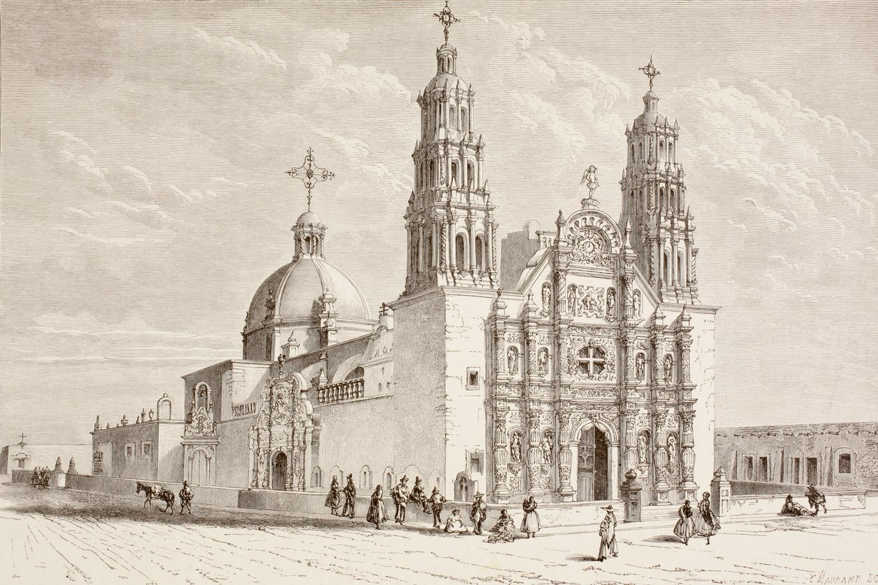 Metropolitan katedral i Plaza de Armas, Chihuahua, Mexico i det nittende århundrede (litho) af English School