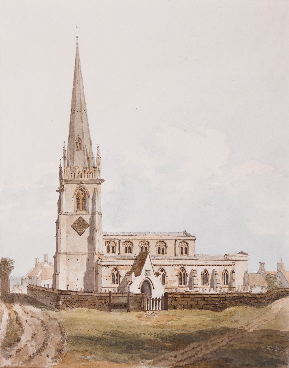 Middleton Cheney, sydlig udsigt over kirken, ca. 1820 (blæk & wc på papir) af English School