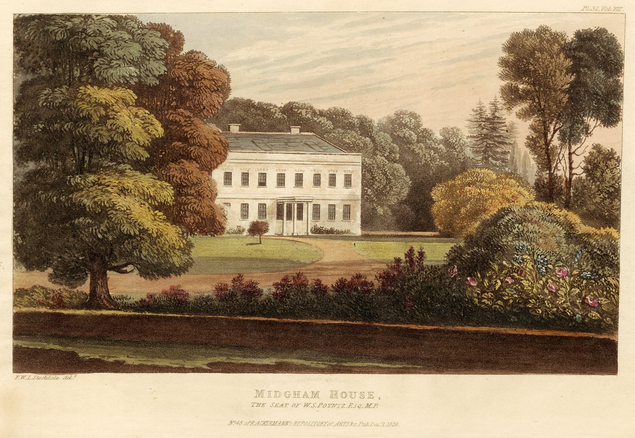 Midgham House, sæde for W.S. Poyntz, Esq., M.P., pub. 1826 (farvet gravering) af English School