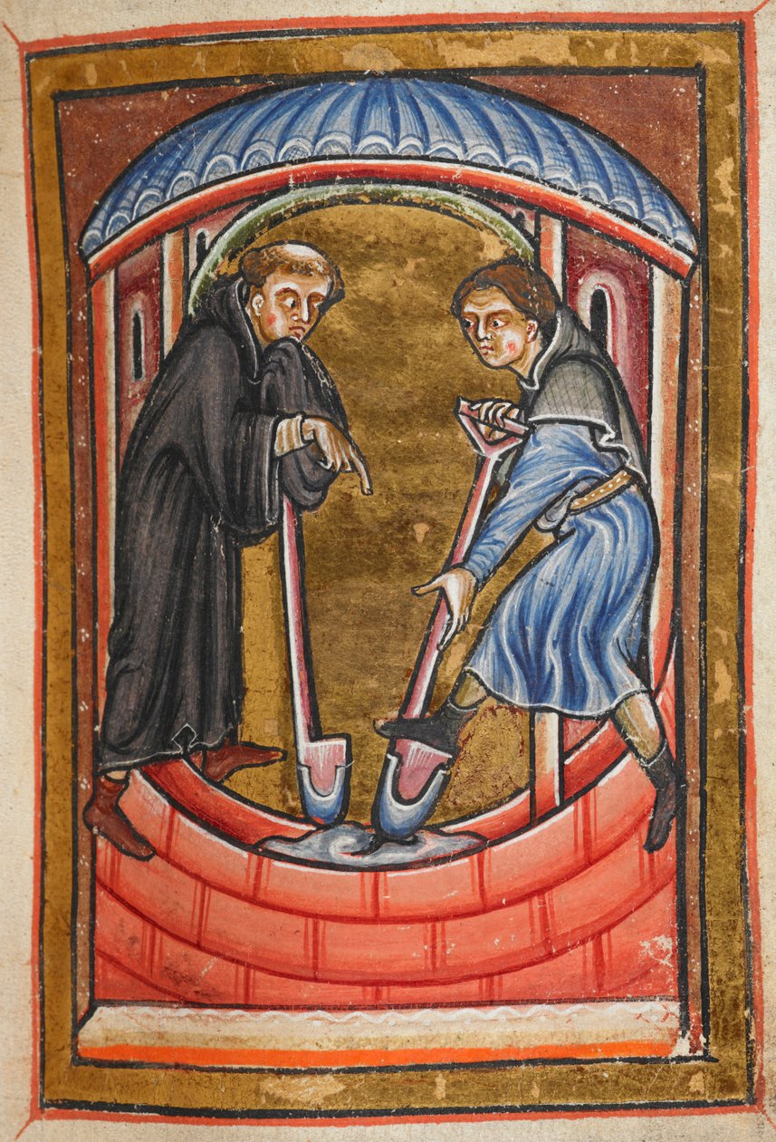 Miniature af Cuthbert, der graver en vandgrav med en munk til hans eremitage på øen Farne, fra kapitel 18 i Bedes prosa Life of St Cuthbert. af English School