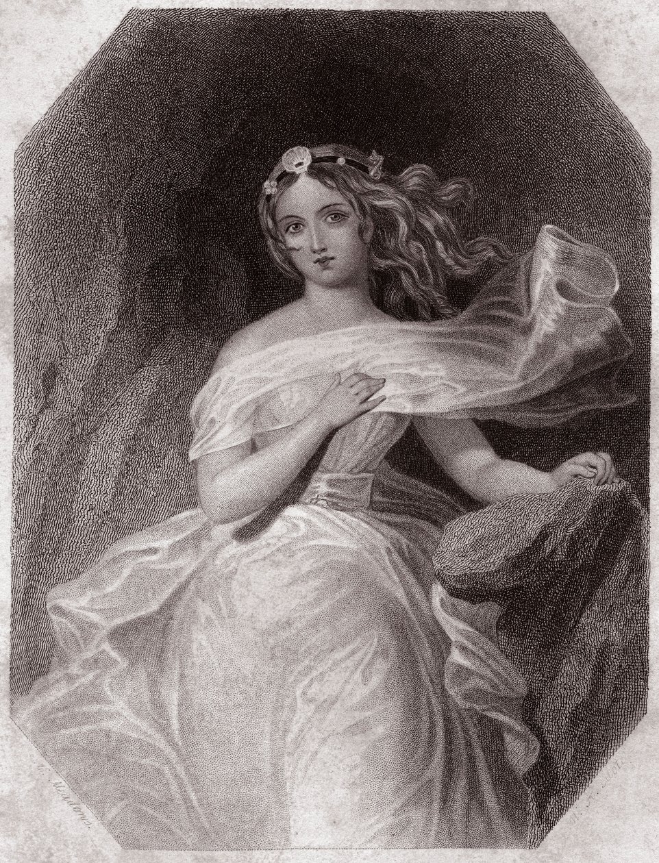 Miranda (The Tempest - La Tempete) i - "" Galerie des femmes de Shakespeare, samling af 45 seriøse portrætter af de første kunstnere i London, beriget med kritiske og litterære meddelelser""" omkring 1838 - fra "" Gallery of the women af Shakespeare, af English School