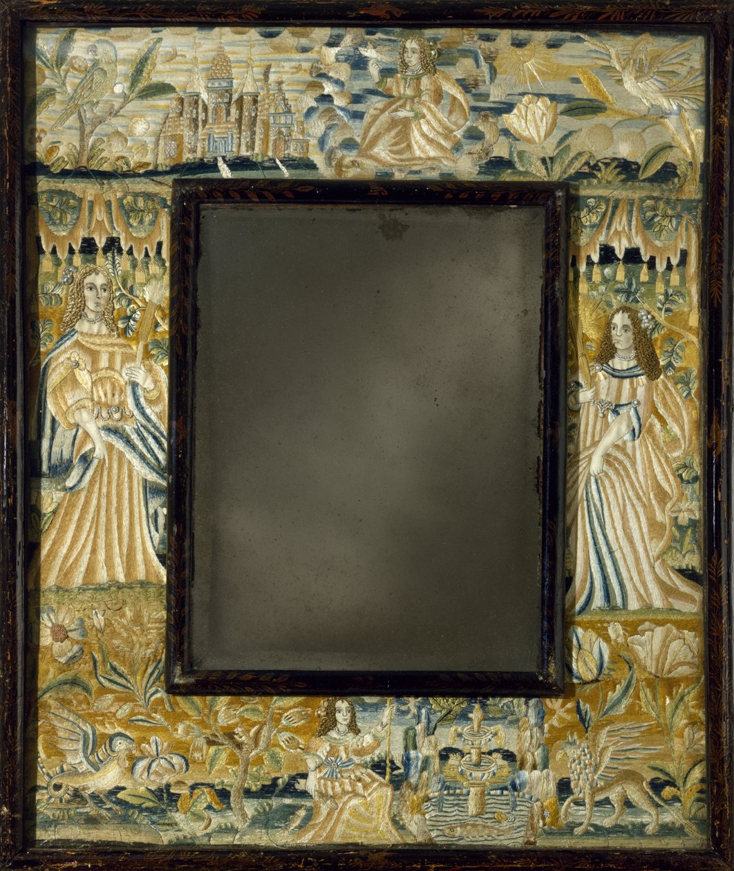 Spejl med hævet arbejdsbroderi, ca. 1650-1700 (perler, metallisk vrang, blonder, silke, hør, træ, glas) af English School