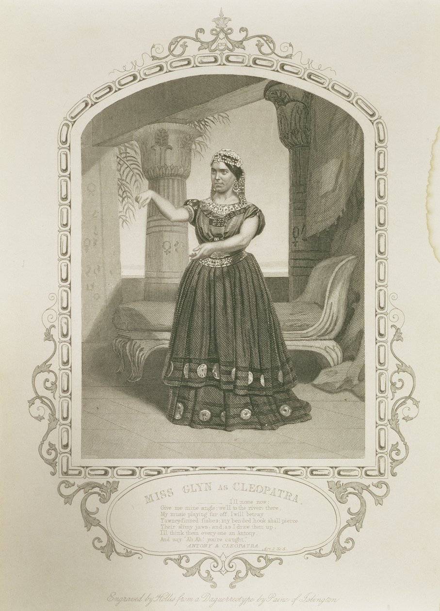 Miss Glyn som Cleopatra, akt II Scene 5, i Antony and Cleopatra af William Shakespeare (1564-1616) indgraveret af George Hollis (1792-1842) fra en daguerreotypi af Paine of Islington af English School