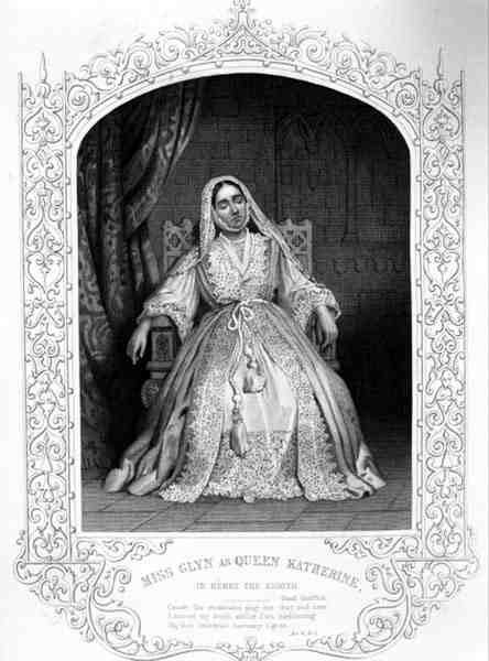 Miss Glyn som dronning Katherine, akt IV Scene 2, i Henry VIII or All is True, af William Shakespeare (1564-1616) (gravering) af English School