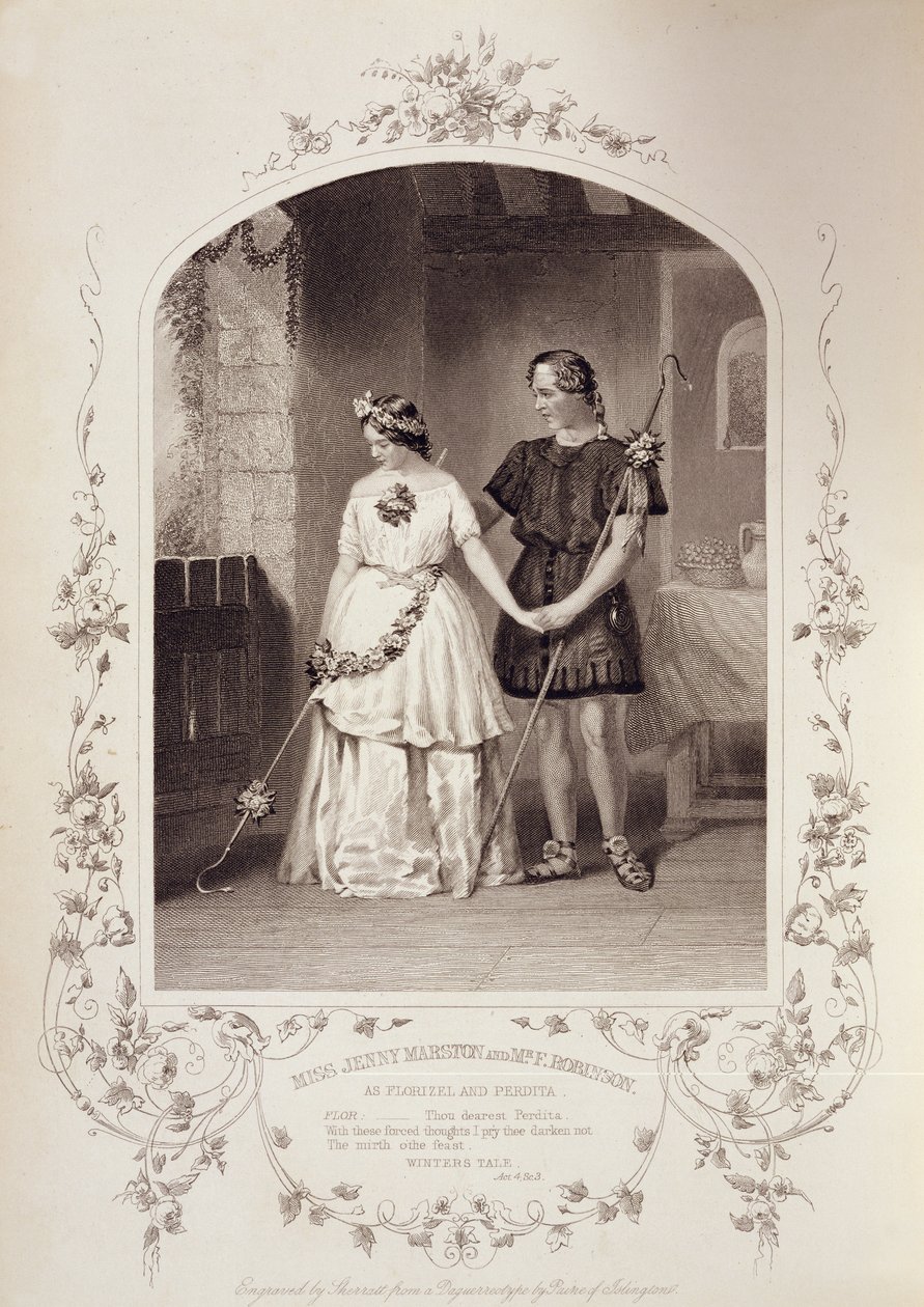 Miss Jenny Marston som Perdita og Mr. F. Robinson som Florizel, akt IV Scene 3, i The Winters Tale af William Shakespeare (1564-1616) indgraveret af Thomas Sherratt (fl.1860-80) fra en daguerreotypi af Pa af English School