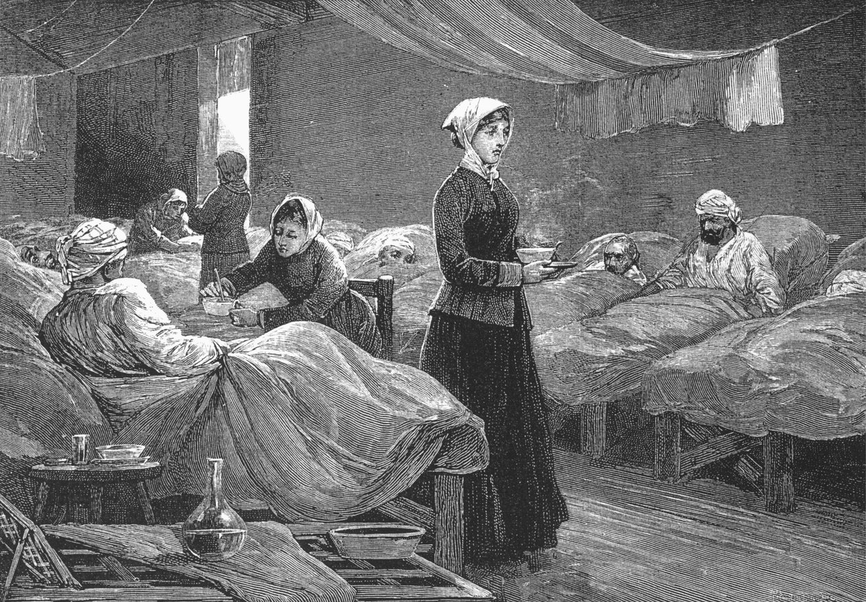 Miss Nightingale på kasernehospitalet i Scutari, ca. 1880 (trægravering) af English School
