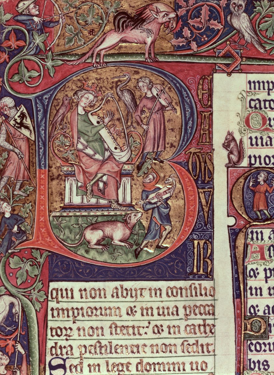 Mms 9961-2 Historiated Initial B fra Peterborough Psalter, der viser kong David, der spiller på harpe, engelsk, (ca. 1310-20) af English School
