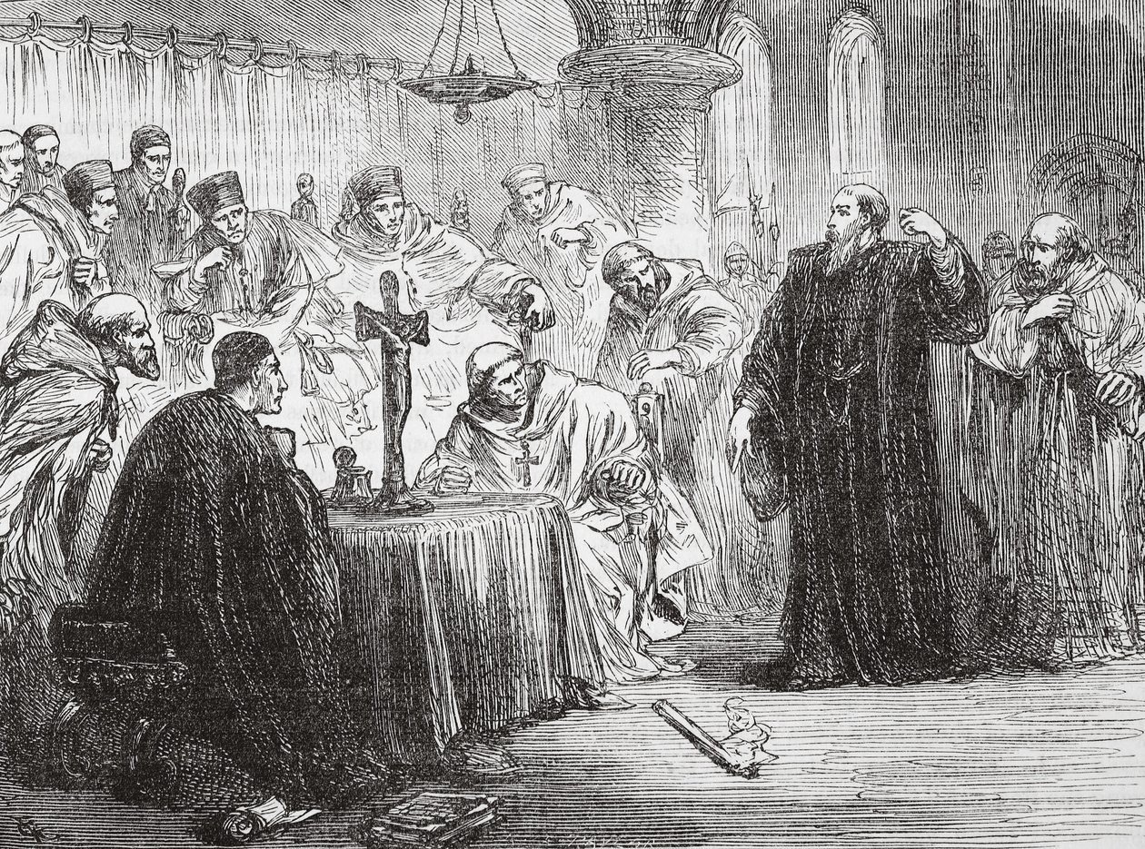Mollio kaster sin fakkel ned før inkvisitionen, illustration fra The History of Protestantism af James Aitken Wylie (1808-1890), pub. 1878 af English School