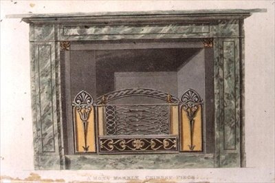 Mona marmor skorstensstykke, plade 90 fra Ackermanns Kunstdepot, udgivet 1816 (farve litho) af English School