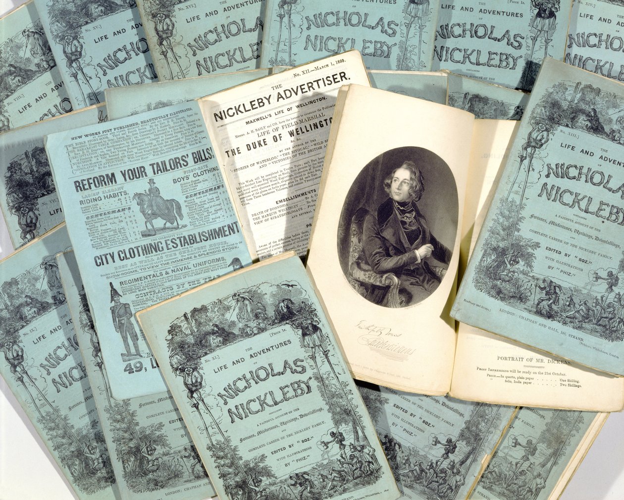 Månedlige udgaver af Nicholas Nicklebys liv og eventyr af Charles Dickens (1812-70), udgivet i 1839 (se 136076) af English School