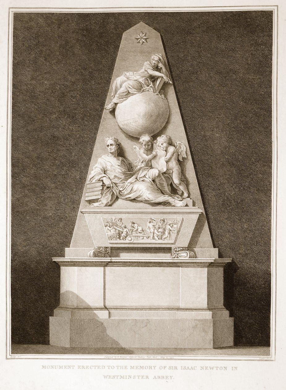 Monument rejst til minde om Sir Isaac Newton i Westminster Abbey, illustration fra David Humes The History of England, pub. af R. Bowyer, London, 1812 af English School