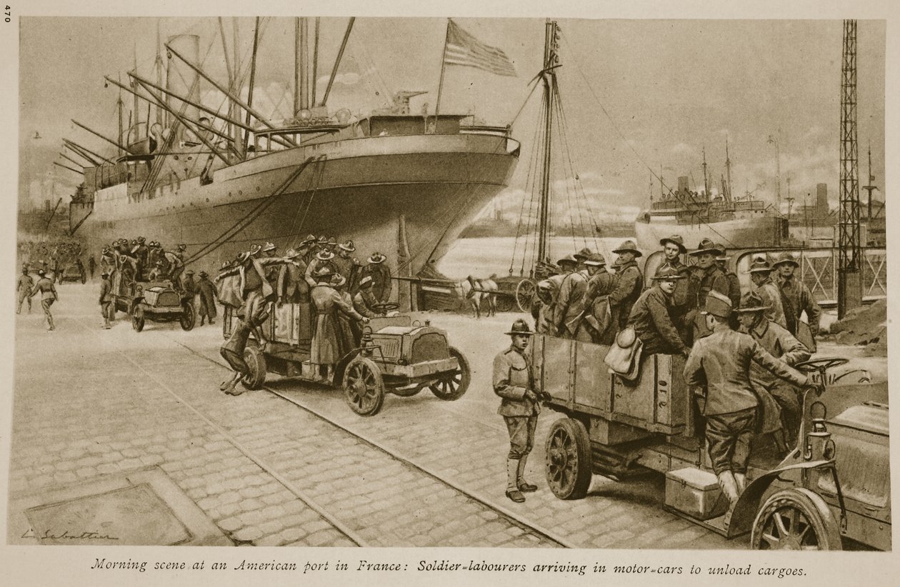 Morgenscene i en amerikansk havn i Frankrig: Soldatarbejdere ankommer i biler for at losse last, 1914-19 af English School